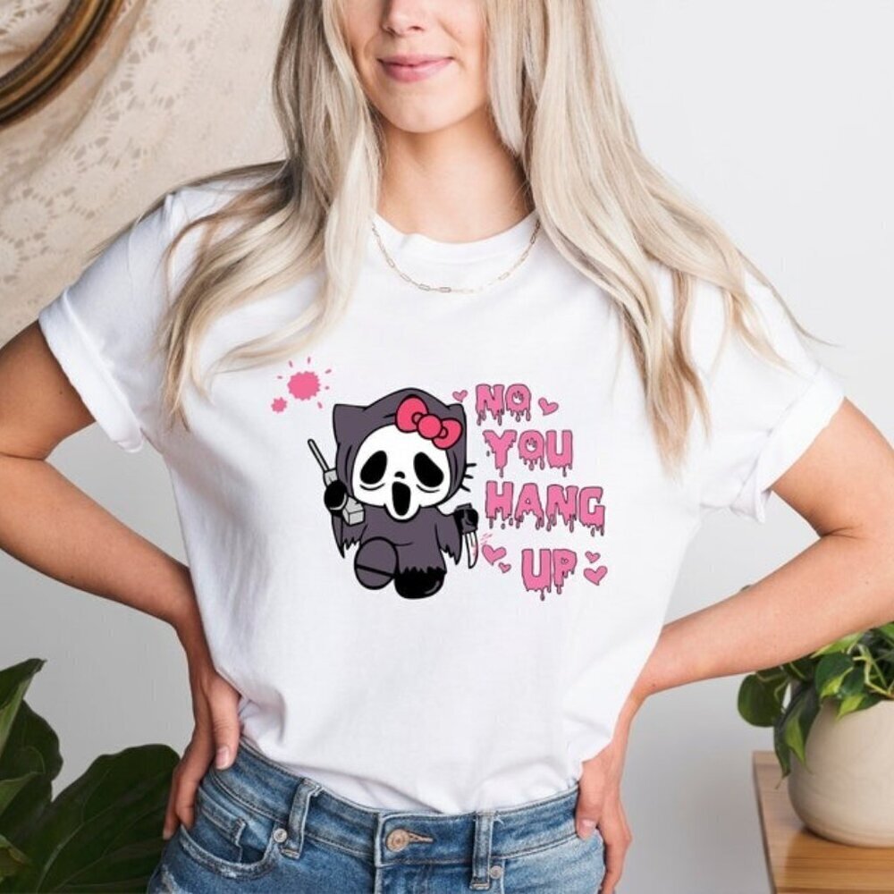 Hello Kitty Cats Horror T-Shirt No You Hang Up Funny Graphic Parody Gift Tee